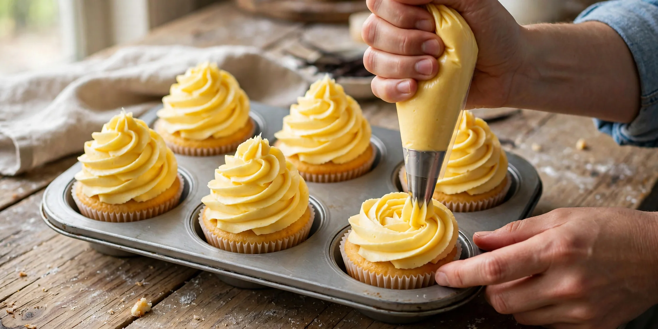Homemade Custard Cream Cupcakes piping swirl decoration