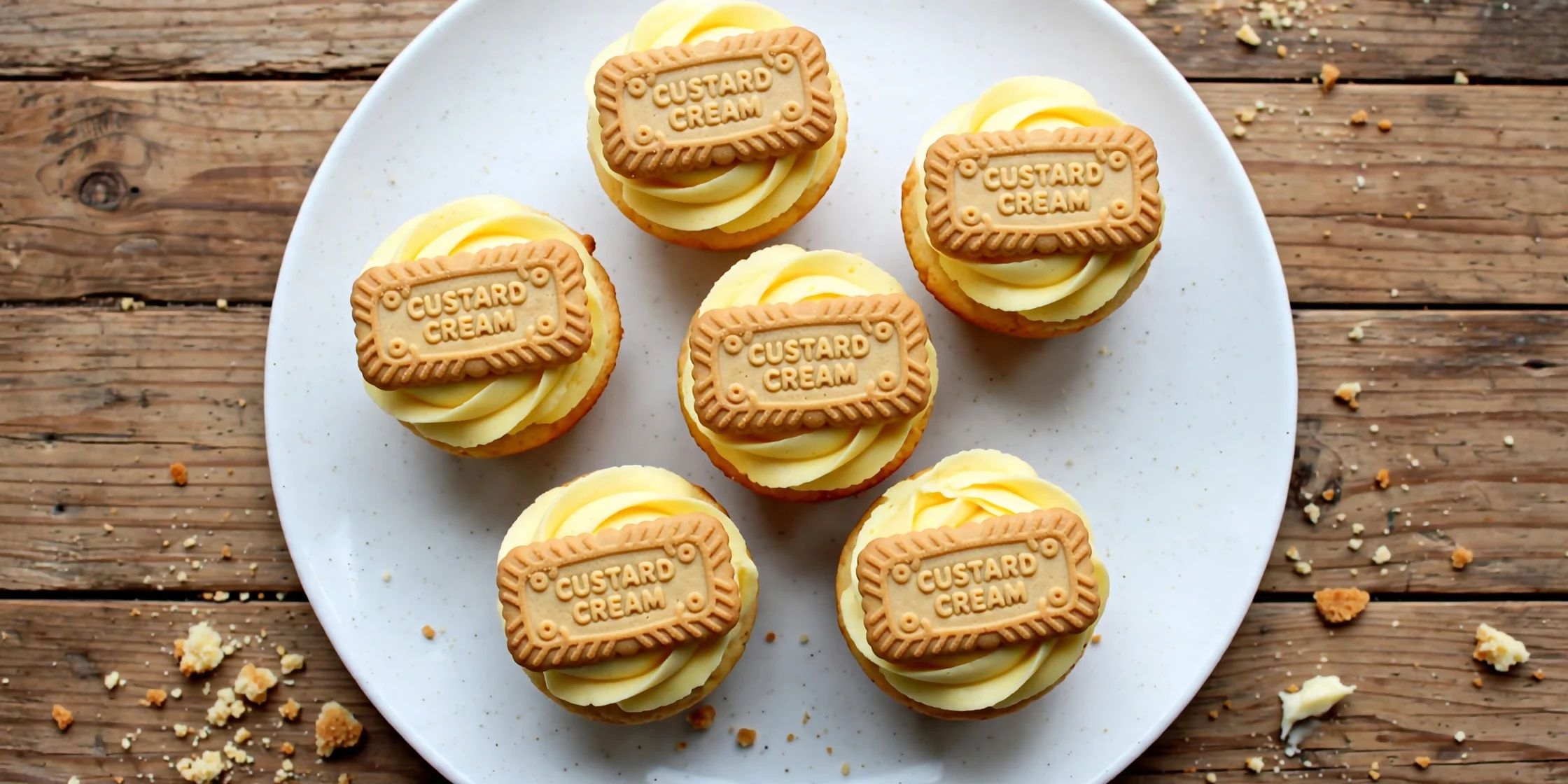 Custard Cream Cupcakes UK recipe final plate with biscuits
