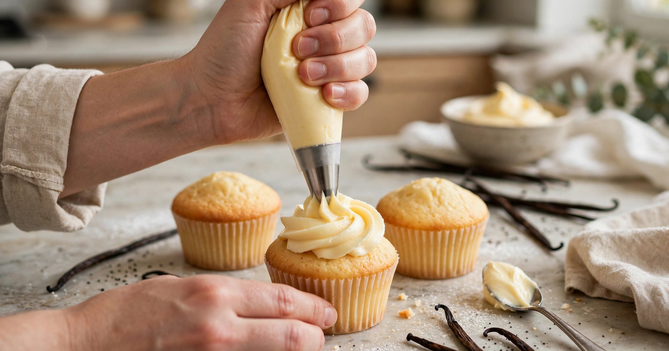 Piping bag filled with yellow custard buttercream