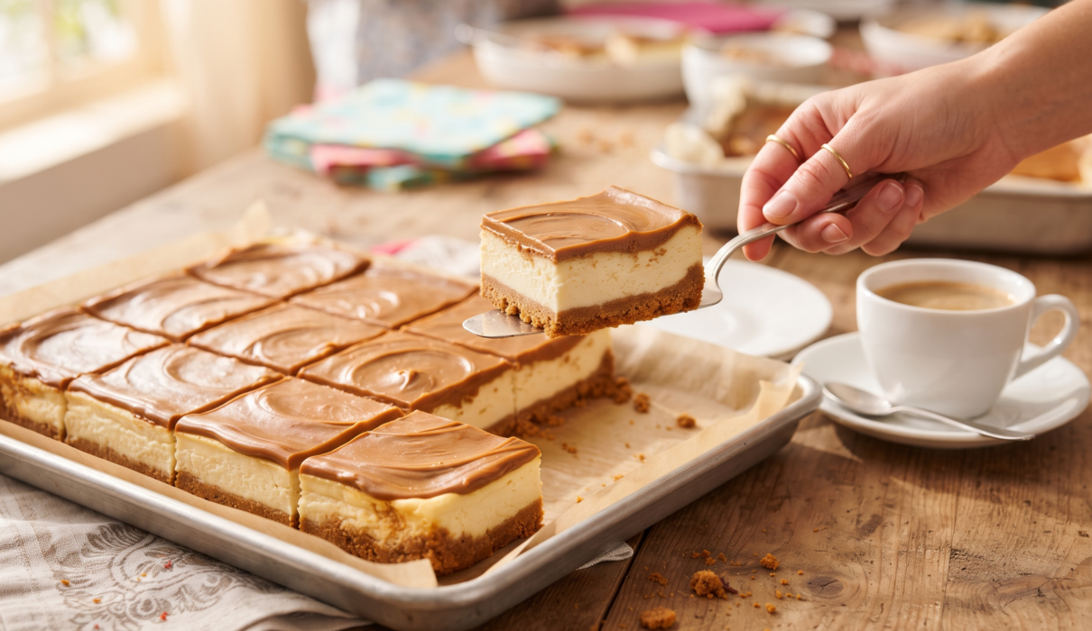 Biscoff Cheesecake Squares with creamy vanilla filling swirl biscoff and Lotus Biscoff