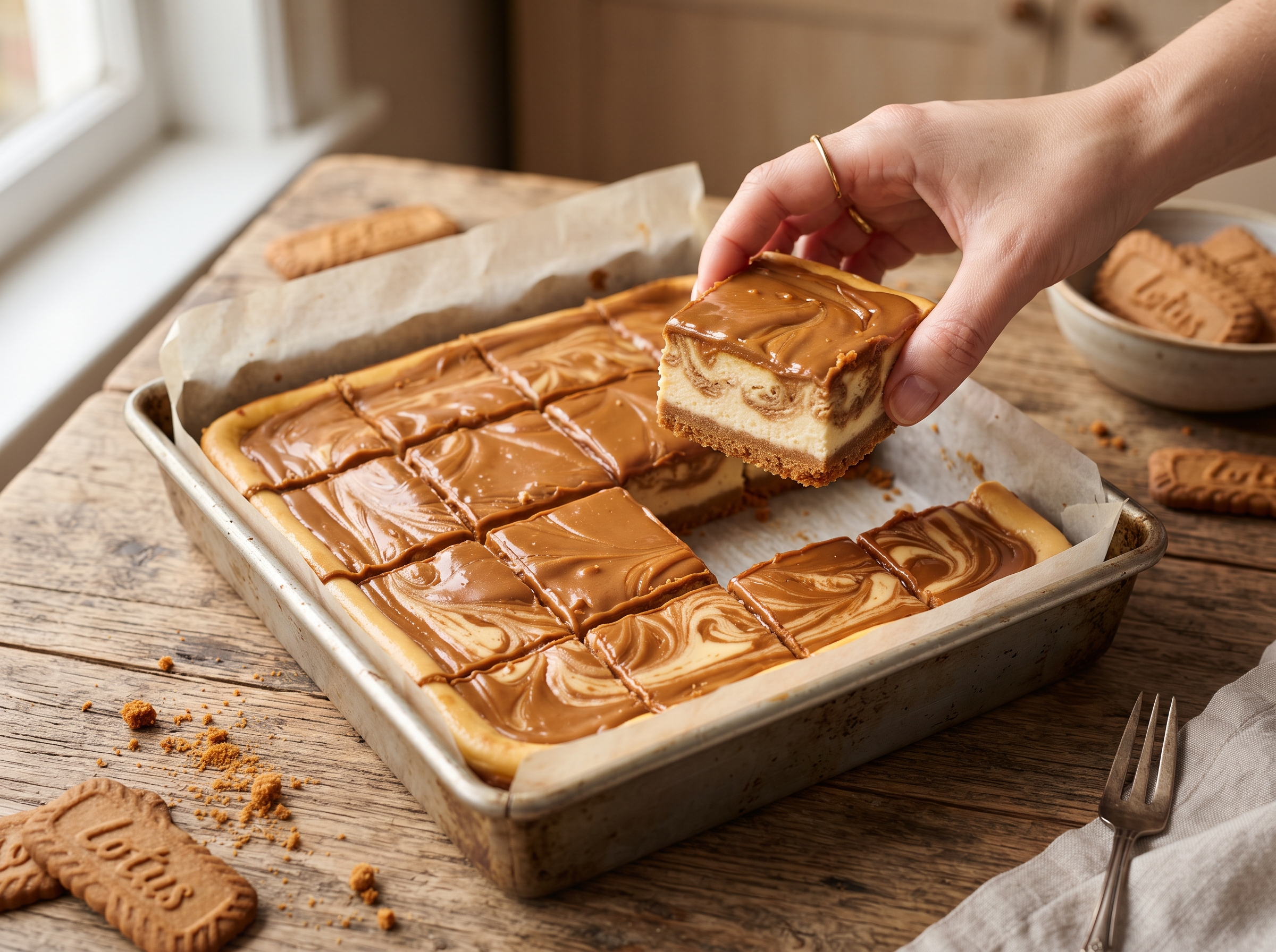 Biscoff Cheesecake Squares with swirl topping on traybake Biscoff Cheesecake Squares with swirl topping on traybake